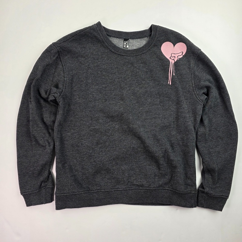 Fox Racing Women's Cold Hearted Pullover Sweatshirt Gray with Pink Heart - L